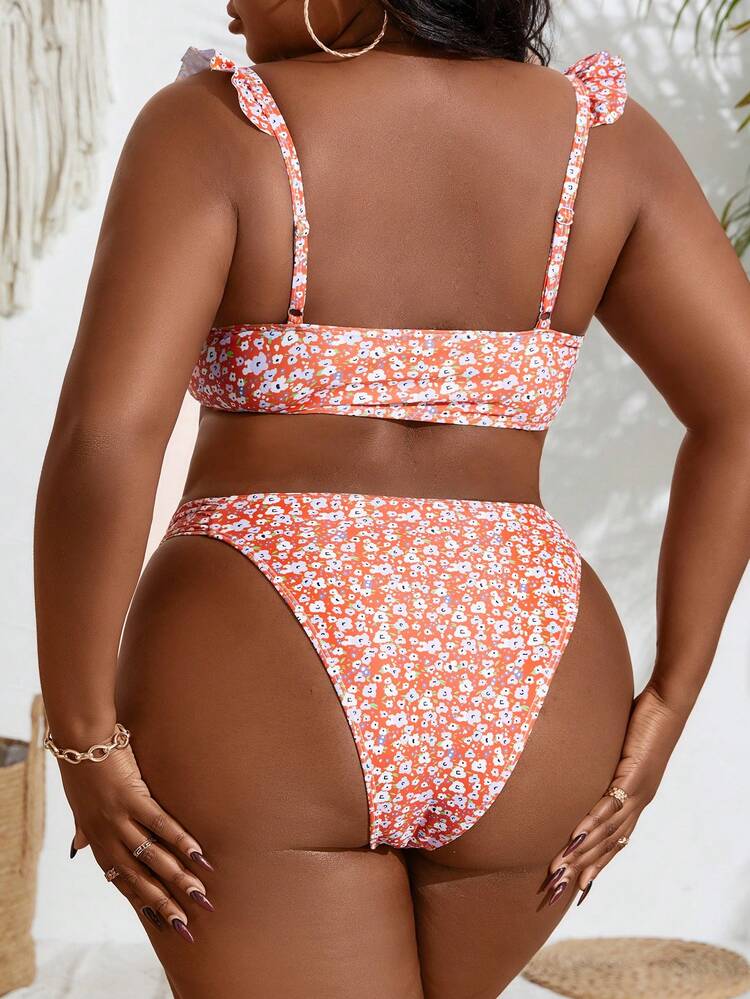 Plus Size Women's Floral Ruffled Two-Piece Bikini Set Summer Beach