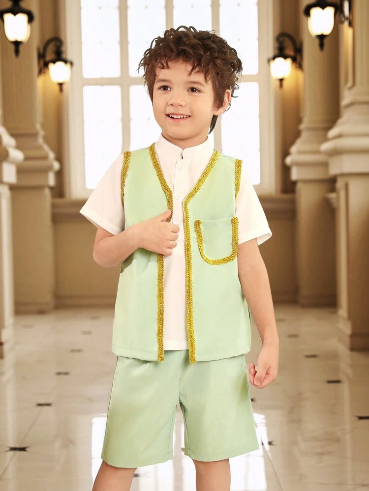 Young Boys' Patchwork Vest, Stand Collar Short Sleeve Shirt And Shorts 3pcs Outfit With Weaved Straps