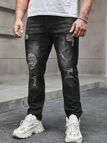 Manfinity LEGND Męskie jeansy slim fit z przetarciami i wąsami Długie postrzępione dżinsy Cargo Zwykły czarny Party Grunge