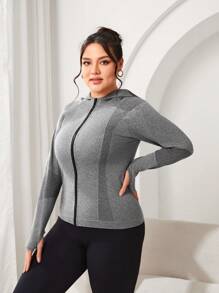 SHEIN Sports Plus Size Women's Long Sleeve Seamless Hooded Sports Jacket - Light Grey - View 5