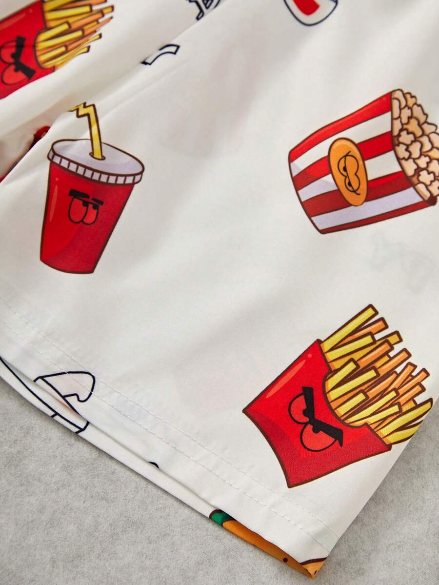 Young Boy's White Simple Food Print Short Sleeve Cardigan With Button