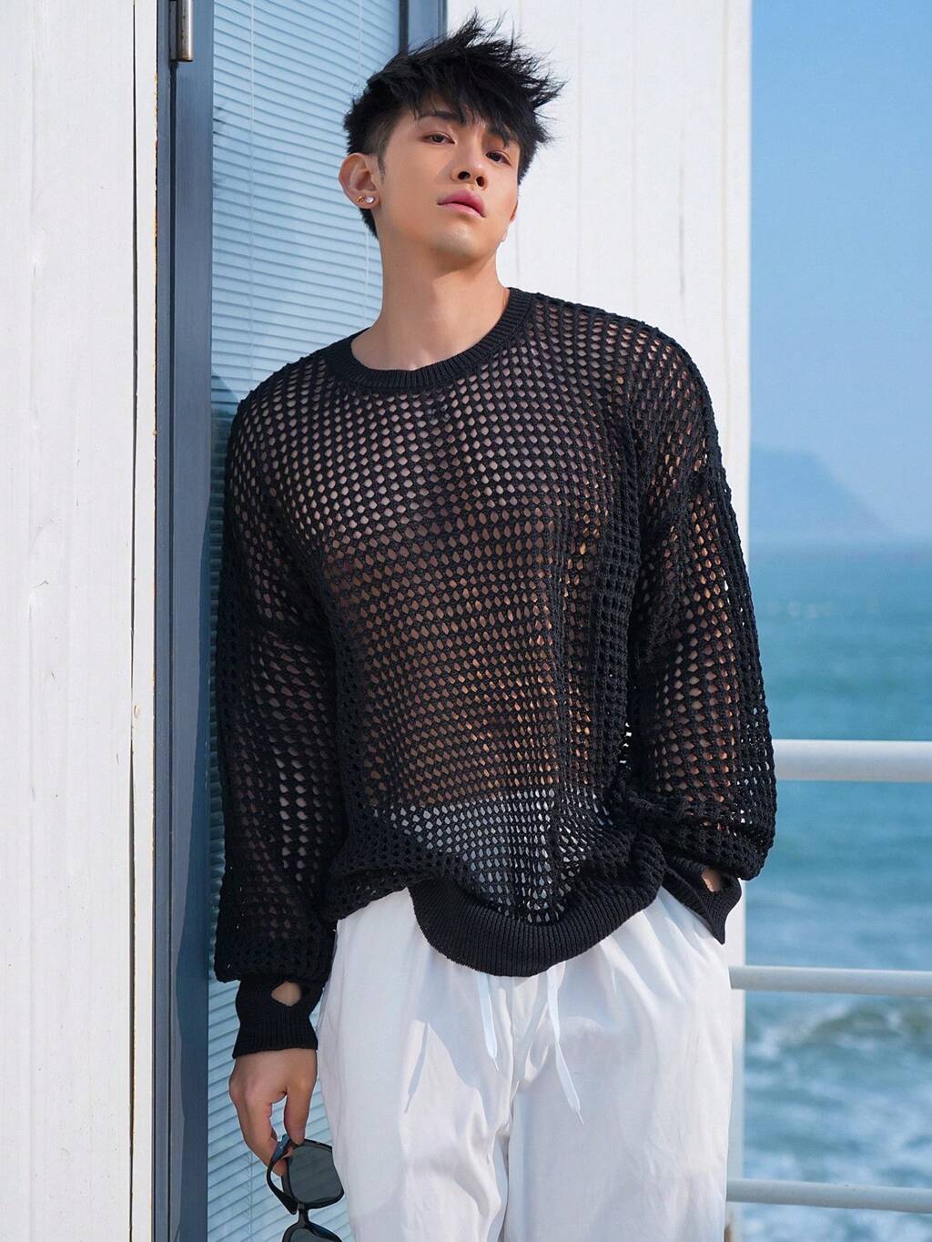 Herren Rundhals Oversized Langarm Pullover mit Hohlmuster, für den Herbst, Grunge Stil Urlaub