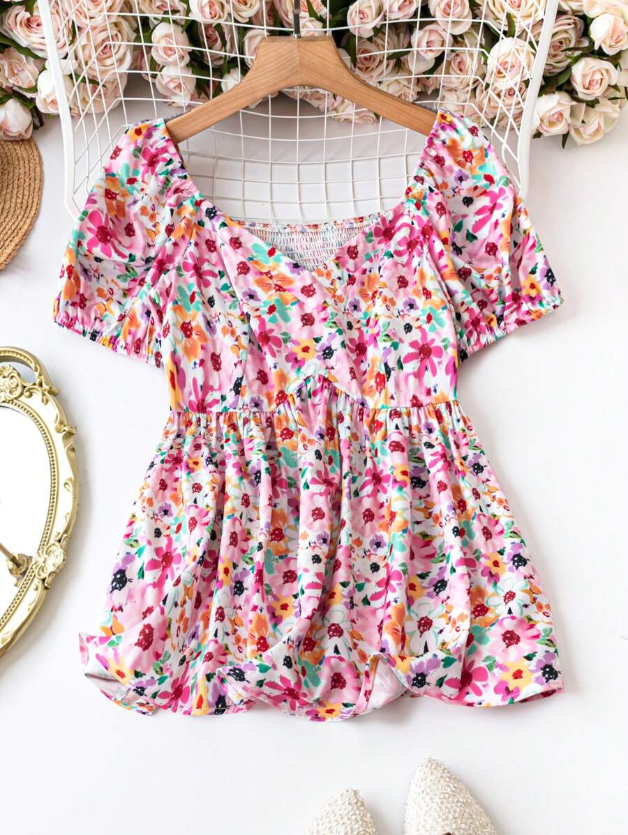 SHEIN LUNE Chemisier à encolure en cœur à imprimé floral pour femmes grandes tailles pour l'été