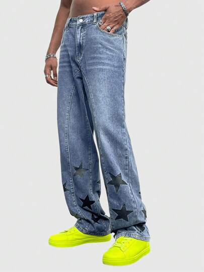 Street Life Jeans À Jambe Droite Imprimée Avec Motif D'étoile Pour Hommes