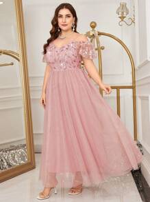Modelyn Vestido de noche de lentejuelas bordadas talla grande, vestido de dama de honor de largo maxi para mujeres, vestidos de noche largos
