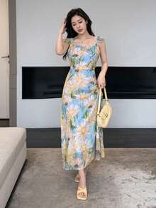 DAZY 女士花卉印花盖袖喇叭连衣裙 - 彩色 - 查看 6