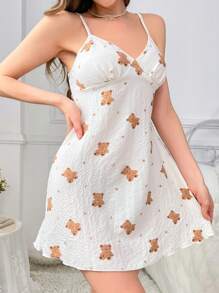SweetSlumber Bear Pattern V-Neck Cami Pajama Sleepwear Dress - Beige - View 3