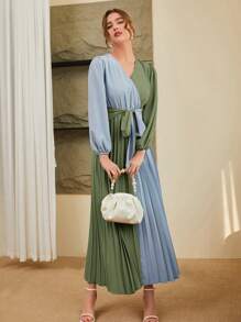 Seusyu Women's Colorblock Lantern Sleeve Pleated Hem Arabic Style Dress - Mint Green - View 5