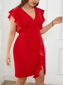 SHEIN Privé 大码女士优雅荷叶边V领开衩连衣裙，红色，适合浪漫约会、聚会、日常穿着、春夏派对 - 紅色 - 查看 3