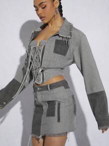 Denimoi Women's Color Contrast Raw Hem Cropped Denim Jacket - Multicolor - View 4
