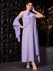 Modelyn 女式不对称袖子和蝴蝶结设计连衣裙 - 紫色 - 查看 8