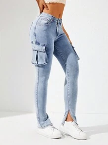 SHEIN Privé 修身版型牛仔貨褲 - 淺色水洗藍 - 查看 3