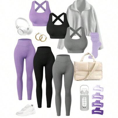 Women's Solid Color Yoga Twist Back Crop & And Leggings Set…