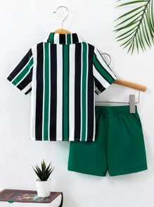 Baby Boy Striped Collared Single-Breasted Short-Sleeved Shirt And Shorts Set - Green - View 2