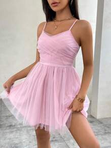 SHEIN Privé Của phụ nữ Mùa hè Eo cao Lưới Xếp li Váy chữ A Với Phù hợp Eo Và Puffy Thiết kế Thích hợp Đối với Ngày , Buổi tiệc , Đường phố , Lễ cưới , Kỳ nghỉ - Bụi hồng - Xem 3