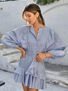 Simplee Women's Summer New Plaid Button Front Lantern Sleeve Ruffle Trim Short Dress, Suitable For Vacation, Shopping, Party Elegant - Blue - View 5