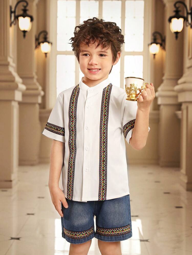 Boys'  Ribbon Embellished Shirt And Real Denim Shorts Set, 2pcs Jeans Shorts