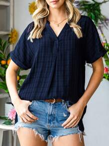 Women's V-Neck Loose Striped Top - Navy Blue - View 1