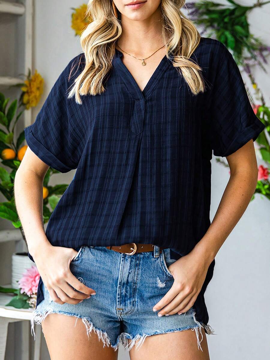 Women's V-Neck Loose Striped Top - Navy Blue - View 1