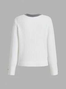 SHEIN LUNE Ladies' Button Front Long Sleeve Sweater, Knit Pullover Fall Winter - White - View 2