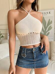 SHEIN EZwear 女性露肩v領針織衫 - 杏色 - 查看 3