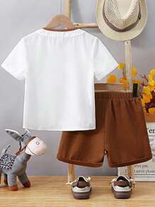 SHEIN 2pcs/Set Young Boys' Comfortable & Linen Stand Collar Color Block Top And Shorts Set For Spring/Summer - Khaki - View 2