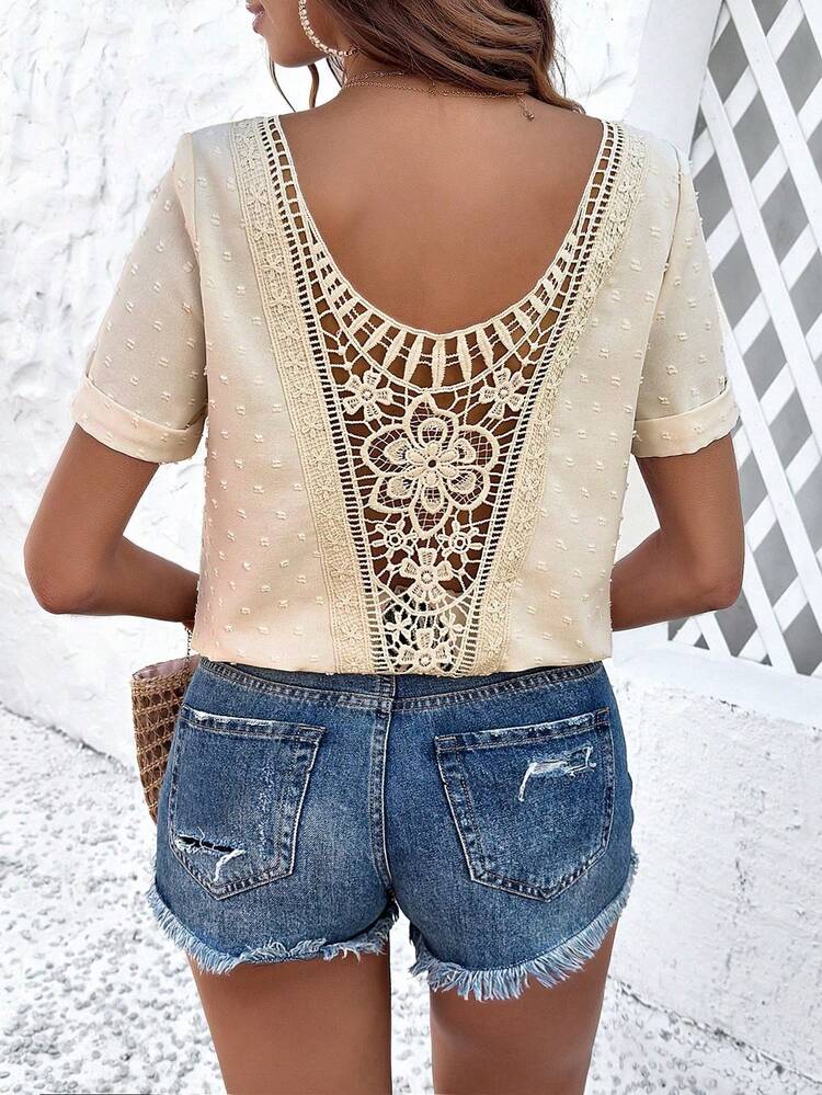 Women's Lace Spliced Open Back Blouse