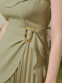 Modelyn Ladies' Solid Color Asymmetric Neckline Pleated Dress - Green - View 8