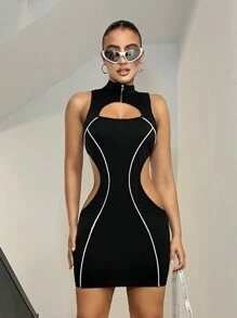 SHEIN ICON 女郎y2k黑色純色模擬高領簡約款露腰露背連身迷你裙,具有反光條裝飾 - 黑色 - 查看 4