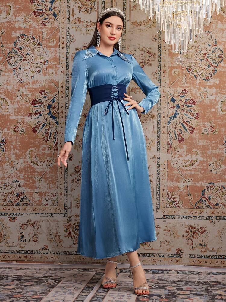 Women's Long Sleeve Shirt Dress With Rhinestone Embellishment