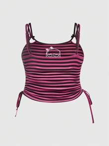 ROMWE Kawaii Camiseta de tirantes de estilo Kawaii con rayas negras y rosas, bordado de calavera, para mujer talla grande, escuela