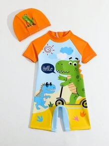 Young Boy Colorblock Cartoon Printed Zipper Back One-Piece Swimsuit With Hood, Position Print Summer Holiday - Multicolor - View 6