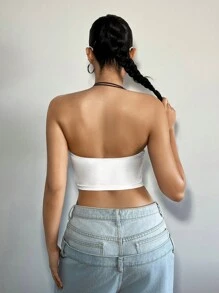SHEIN ICON Áo Y2K ren trắng không đối xứng có viền áo in chữ và đường viền cổ độc đáo cho nữ - trắng - Xem 2