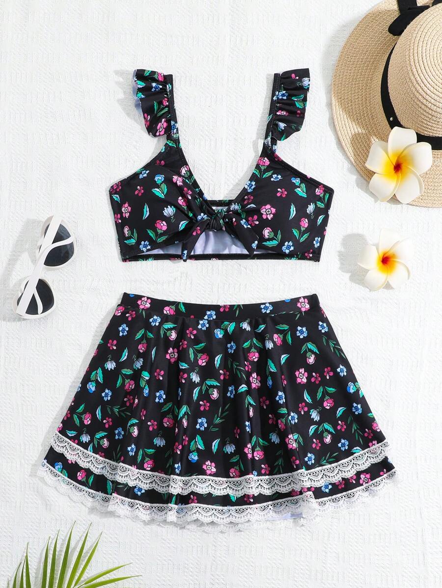Tween Girl Ditsy Floral Front Tie Bikini Set Summer Beach - Black - View 1