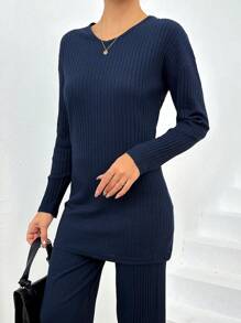 SHEIN Cottnline 女士圓領長袖條紋 T 恤和喇叭褲兩件套 - 藏蓝色 - 查看 4