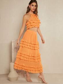 SHEIN Unity Ruffle Halter Top & Tiered Skirt Two Pieces Set - Orange - View 7