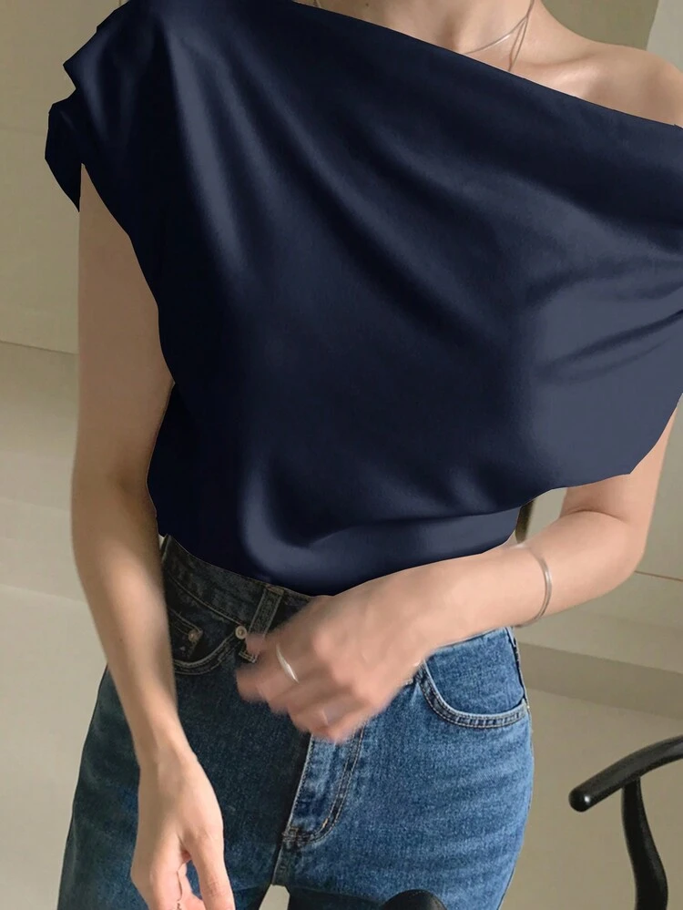 Solid Color Asymmetrical Neckline T-Shirt,Crop Tops Women