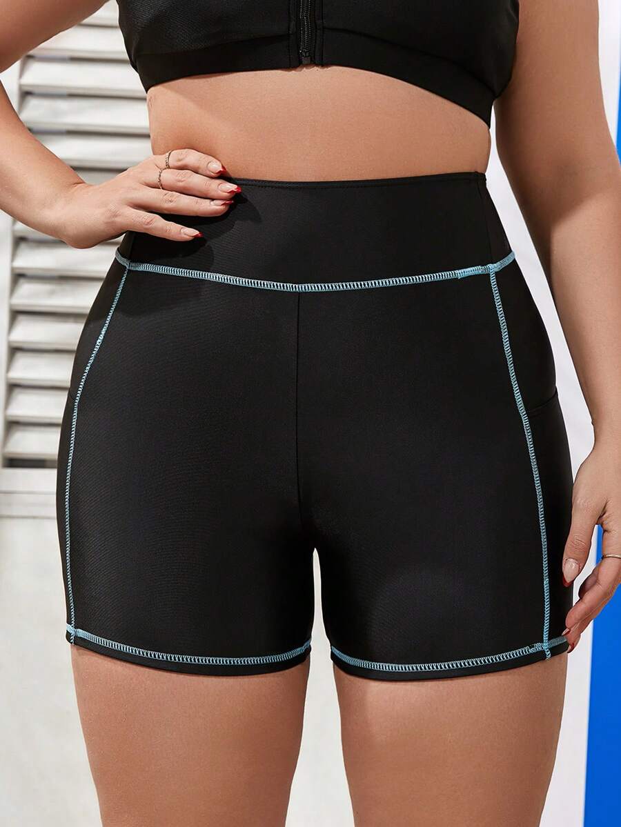 SHEIN Swim Curve 加大碼游泳裝底部,對比縫線,束帶腰,帶口袋 - 黑色 - 查看 1