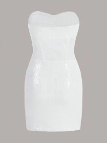 SHEIN ICON 拼布蕾絲修身無肩帶 Y2k 修身露肩亮片透視白色迷你連身裙 - 白色 - 查看 3