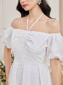 Modelyn 女式露肩泡泡袖短款连衣裙，带挂脖长款晚礼服 - 白色 - 查看 6