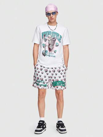 ROMWE Avant Men's Heart & Skull Printed Logo Slogan Casual Shorts, Suitable For Spring And Summer