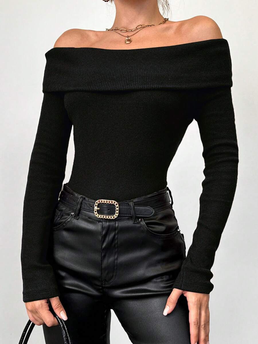 RueChic Women's Slim Fit Off Shoulder Sweater - Black - View 1