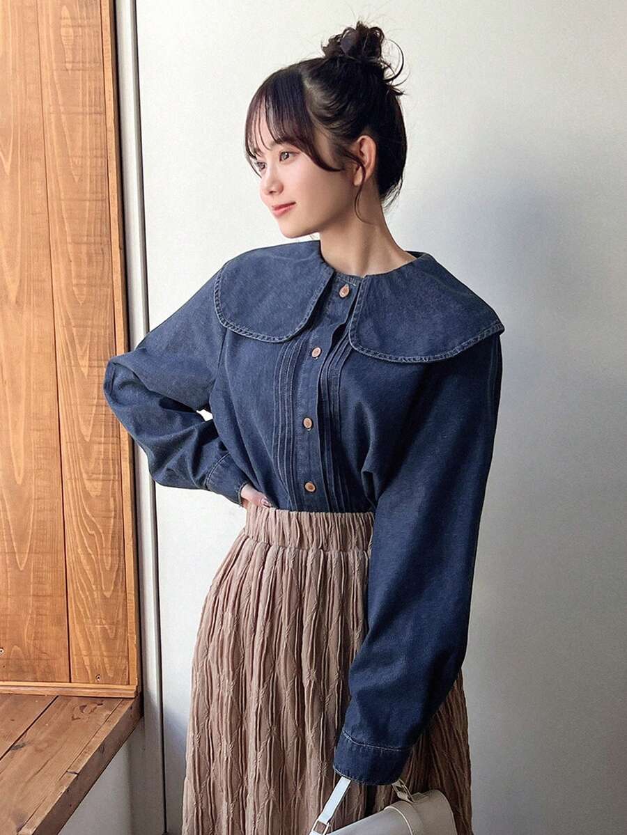 FRIFUL 女式帶水手領長袖牛仔襯衫 - 藍色 - 查看 1