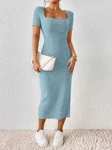 SHEIN Frenchy 女式方领修身高开叉方领纹理面料夏季连衣裙 - 淺藍色 - 查看 3