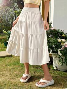 SHEIN Unity Solid Color Cake Shape Long Skirt - Beige - View 4