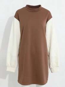 DAZY 女款立領拼色寬鬆休閒連衣裙 - 咖啡棕 - 查看 6