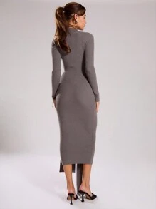 MUSERA Knitted High Neck Tie Front Maxi Sweater Dress Casual, Spring Occasion Summer Graduation Winter Party Wedding Guest Chic - Grey - View 2