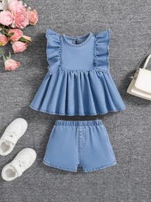 SHEIN Baby Girl's Denim Top With Ruffle Hem And Shorts Set
