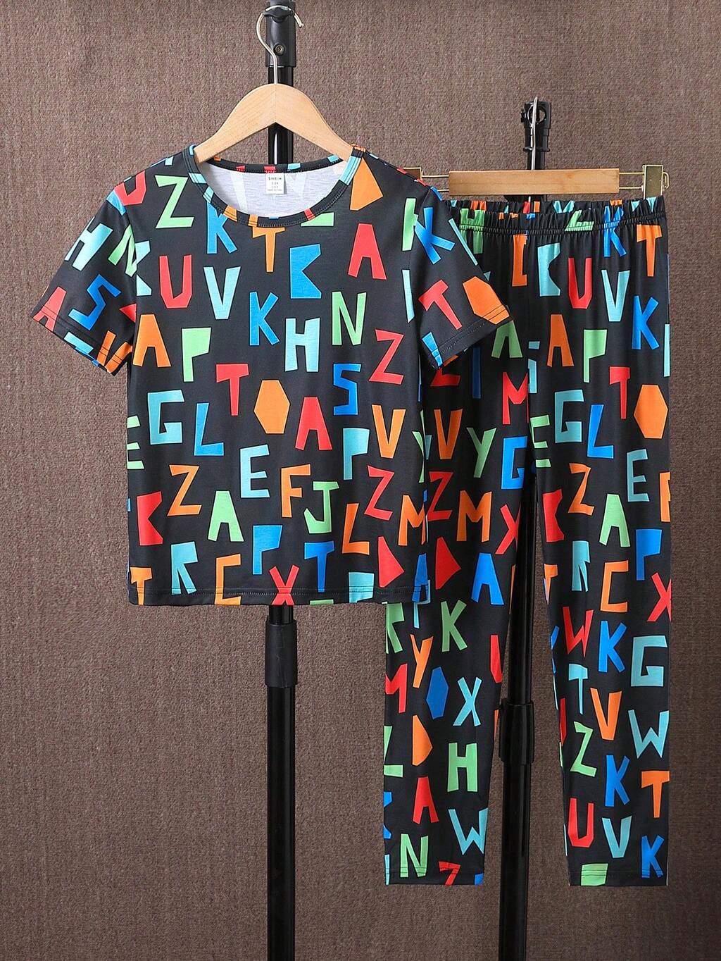 Tween Boy Colorful English Letter Print Long Pants And Round Neck Short Sleeve Casual 2pcs/Set Homewear