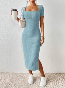 SHEIN Frenchy 女式方领修身高开叉方领纹理面料夏季连衣裙 - 淺藍色 - 查看 4